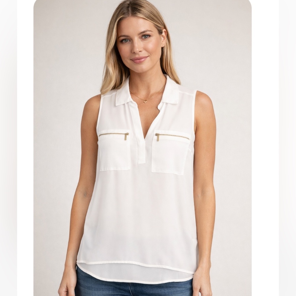 MICHAEL KORS  White Sleeveless Blouse with Zipper Pockets NWOT
